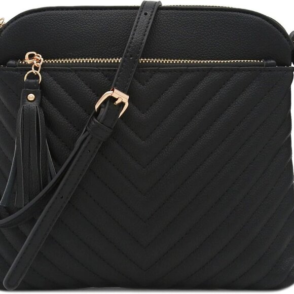 Chevron Quilted Medium Crossbody Bag with Tassel Accent - Picture 1 of 7